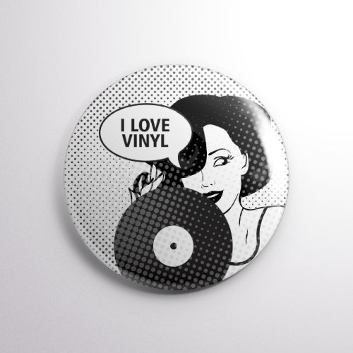 I Love Vinyl Retro B&W Button - Luv4Wax